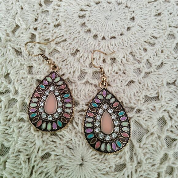 Rhinestone Multicolor Gold Tone Teardrop Dangle Earrings - Picture 4 of 10